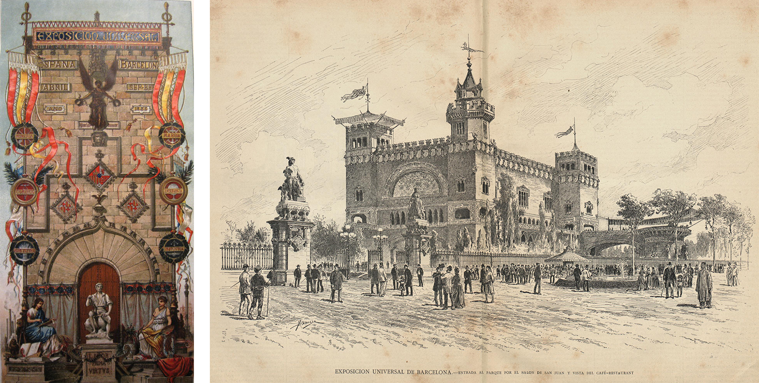 Left: Official poster for the 1888 Barcelona Universal Exhibition. Right: Drawing of Entrance to the Universal Exhibition of Barcelona with view of the Castell dels Tres Dragons.