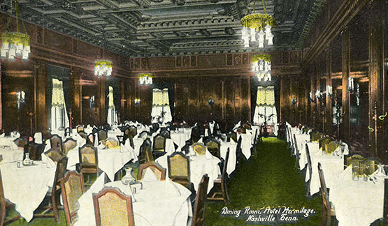 Historical Image of Dining Room on Postcard Circa 1913, The Hermitage Hotel, 1910, Member of Historic Hotels of America, in Nashville, Tennessee.