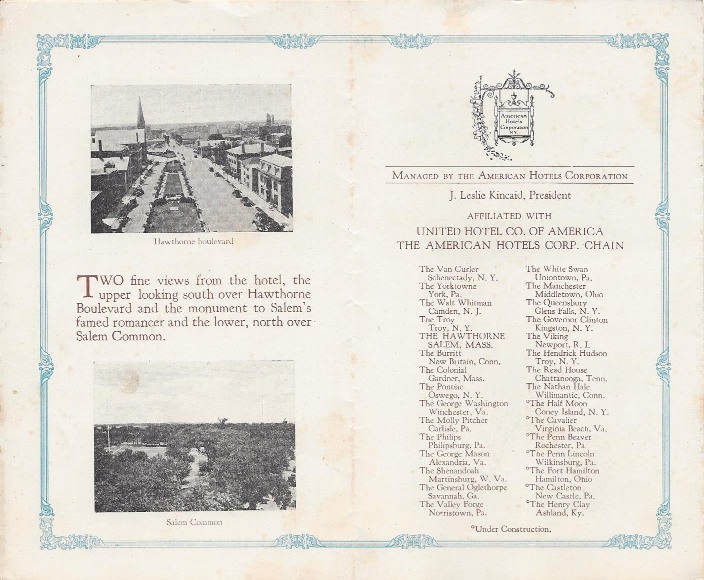 Historical Image of Original Hawthorne Brochure, Page Four, a member of Historic Hotels of America since 1991, located in Salem, Massachusetts