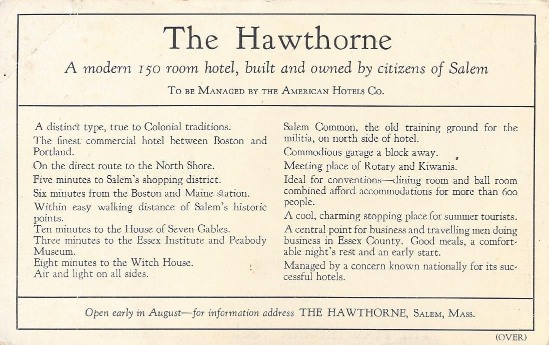 Historical Image of New Hotel Flyer, Back Cover, a member of Historic Hotels of America since 1991, located in Salem, Massachusetts