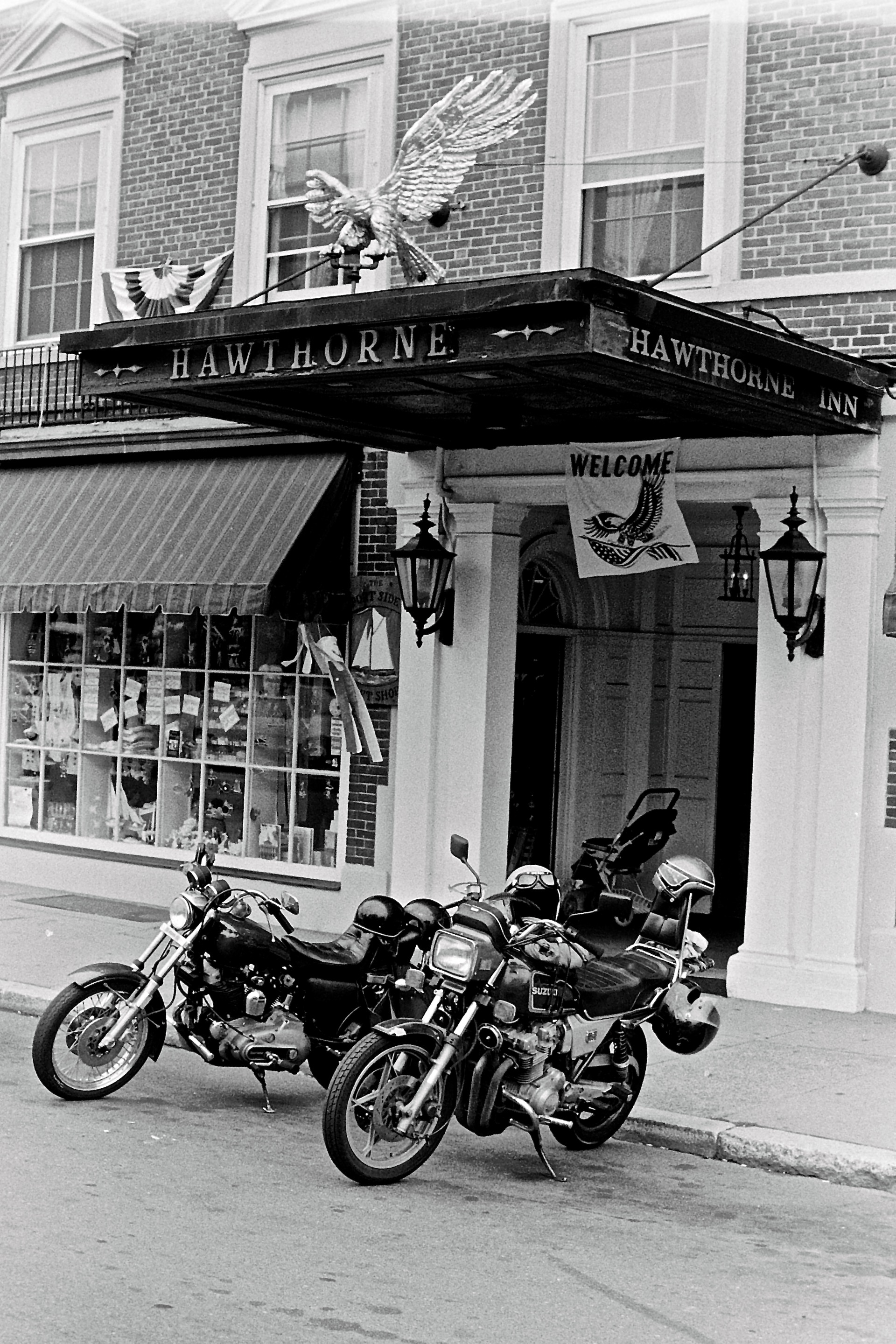 Historical Image of Front Door with Motorcycles at Hawthorne Hotel, a member of Historic Hotels of America since 1991, located in Salem, Massachusetts