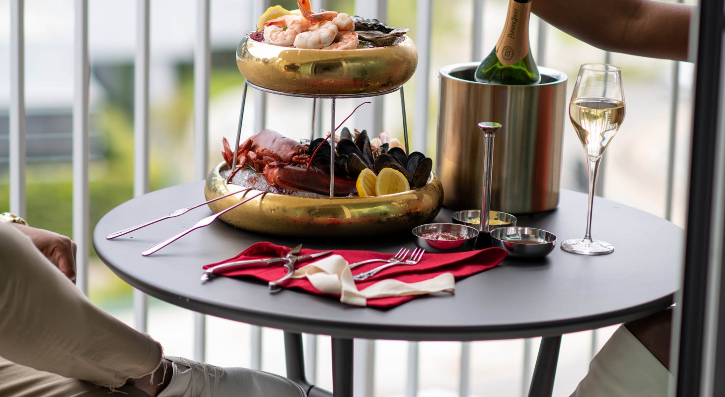 Image of Seafood Tower from Lumiere Brasserie, Served as Room Service at Fairmont Century Plaza, in Los Angeles, California, opened in 1961 and a member of Historic Hotels of America since 2022.