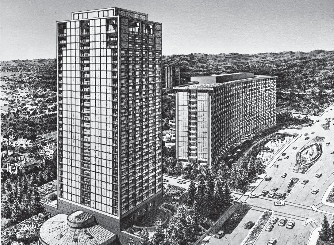Historic Image of the Fairmont Century Plaza, at Fairmont Century Plaza, in Los Angeles, California, opened in 1961 and a member of Historic Hotels of America since 2022.