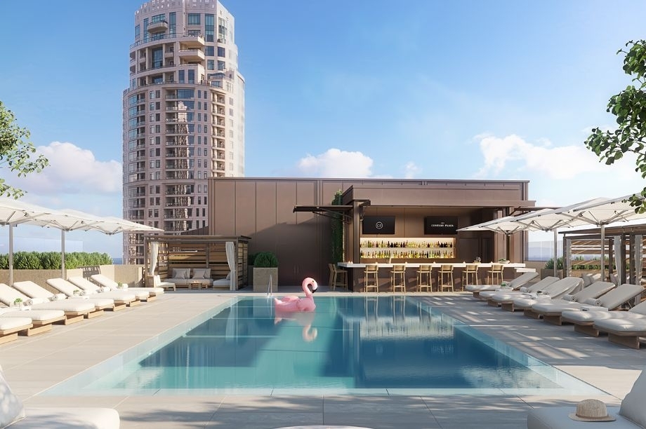 Image of rooftop pool and bar at Fairmont Century Plaza, in Los Angeles, California, opened in 1961 and a member of Historic Hotels of America since 2022.