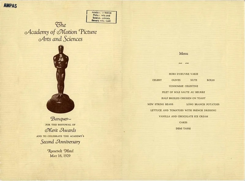 1929 Oscars Menu