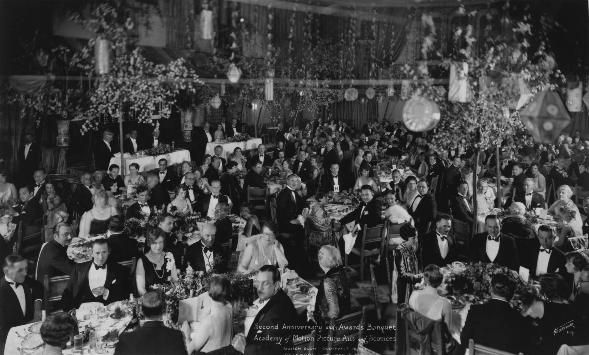 Historical Image of First Academy Award Ceremony Circa 1929 at The Hollywood Roosevelt, 1927, Member of Historic Hotels of America, in Los Angeles, California.