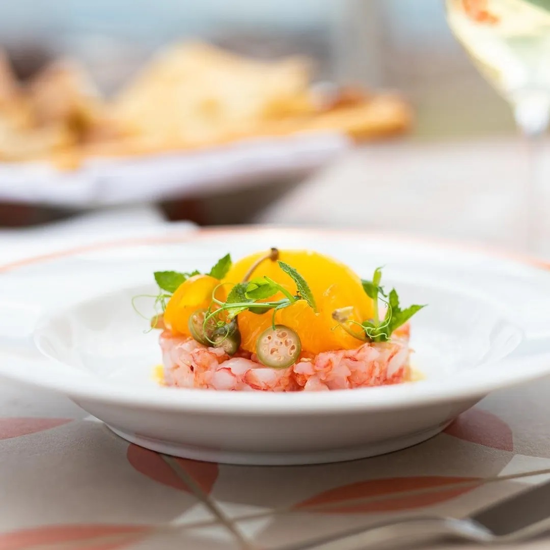 Image of Red Prawn Tartare served at Giacomo al Lago, Grand Hotel Tremezzo, 1910, a member of Historic Hotels Worldwide, Lake Como, Tremezzo, Italy