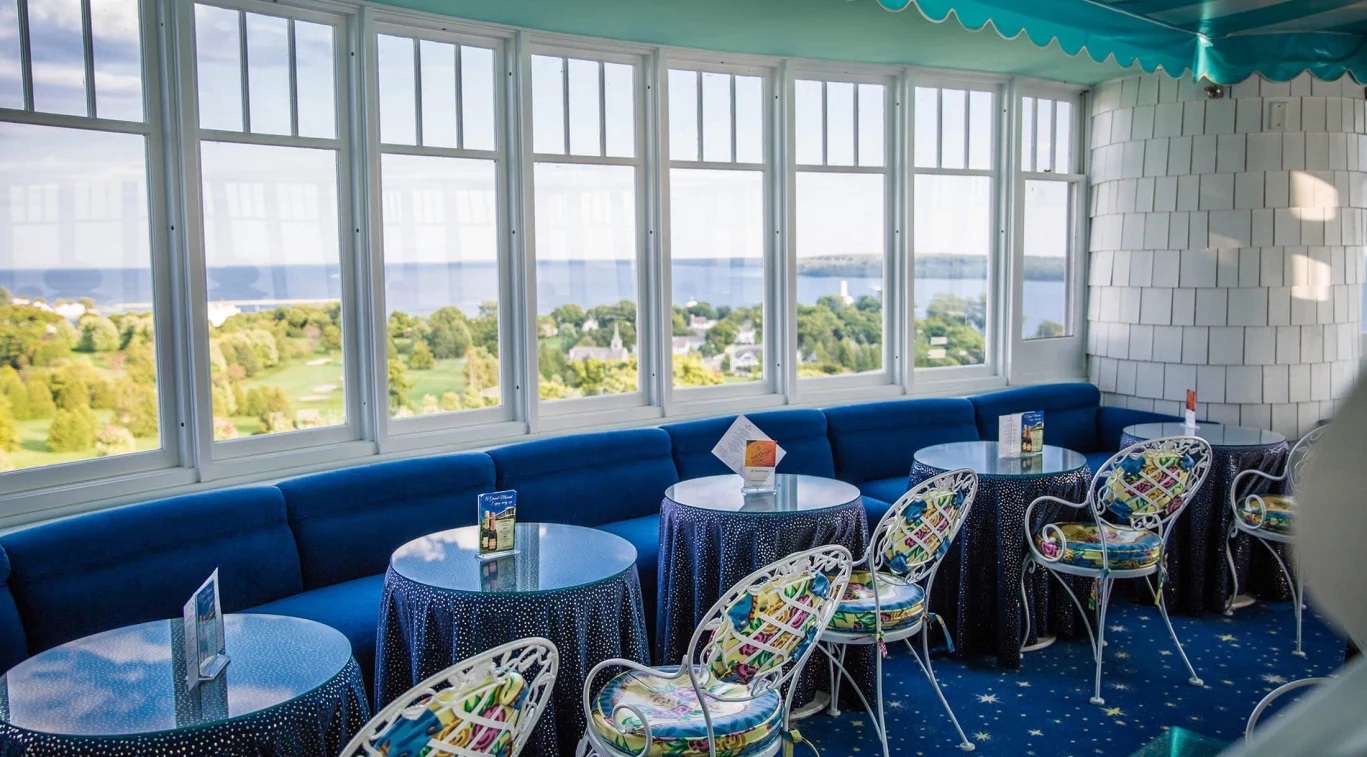 Image of the Cupola Bar at the Grand Hotel with views of Mackinac Island. Grand Hotel, a member of Historic Hotels since 2001, dates to 1886. It is located in Mackinac Island, Michigan.