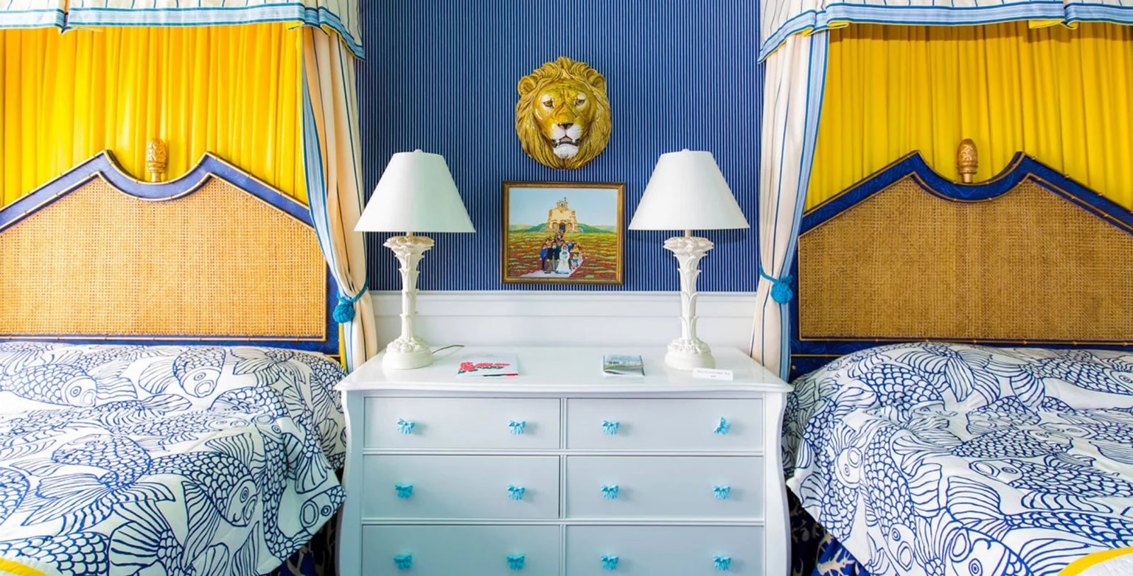 Image of the Cupola Suite with two queen-size beds and patterned bedspread. Grand Hotel, a member of Historic Hotels since 2001, dates to 1886. It is located in Mackinac Island, Michigan.