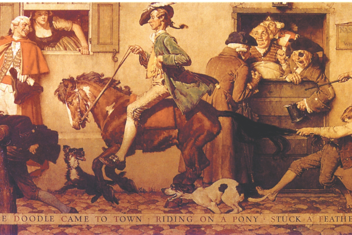 Image of part of a Norman Rockwell mural at The Nassau Inn (1756), a member of Historic Hotels of America since 2024. Pictured is an image of Yankee Doodle on a horse.