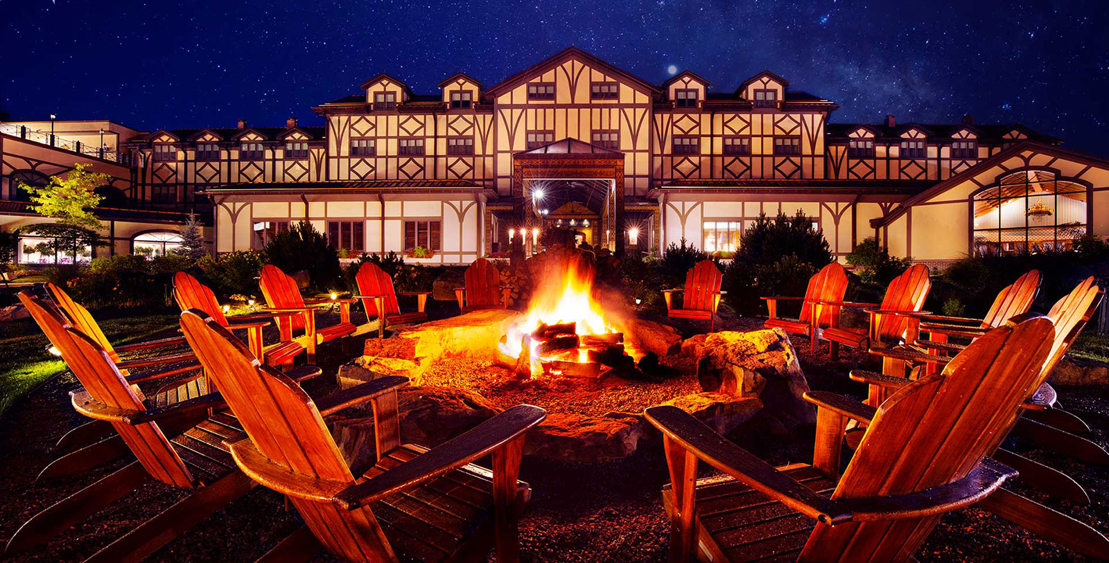 Image of Hotel Exterior at Night, The Lodge at Nemacolin Woodlands Resort, 1968, Member of Historic Hotels of America, in Farmington, Pennsylvania, Overview Video