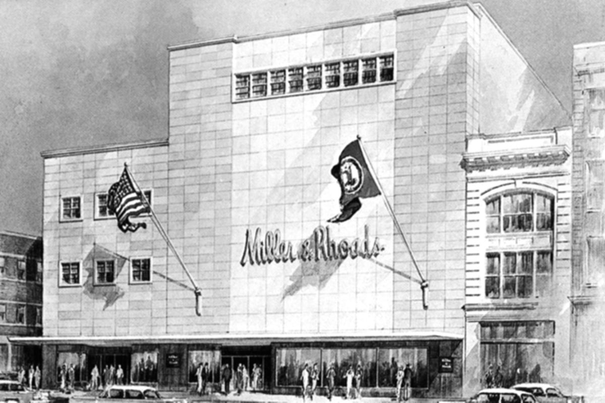 Historic illustration of the exterior at Hilton Richmond Downtown (1885), a member of Historic Hotels of America since 2024. Pictured is the exterior of the department store with signage, flags and crowds.