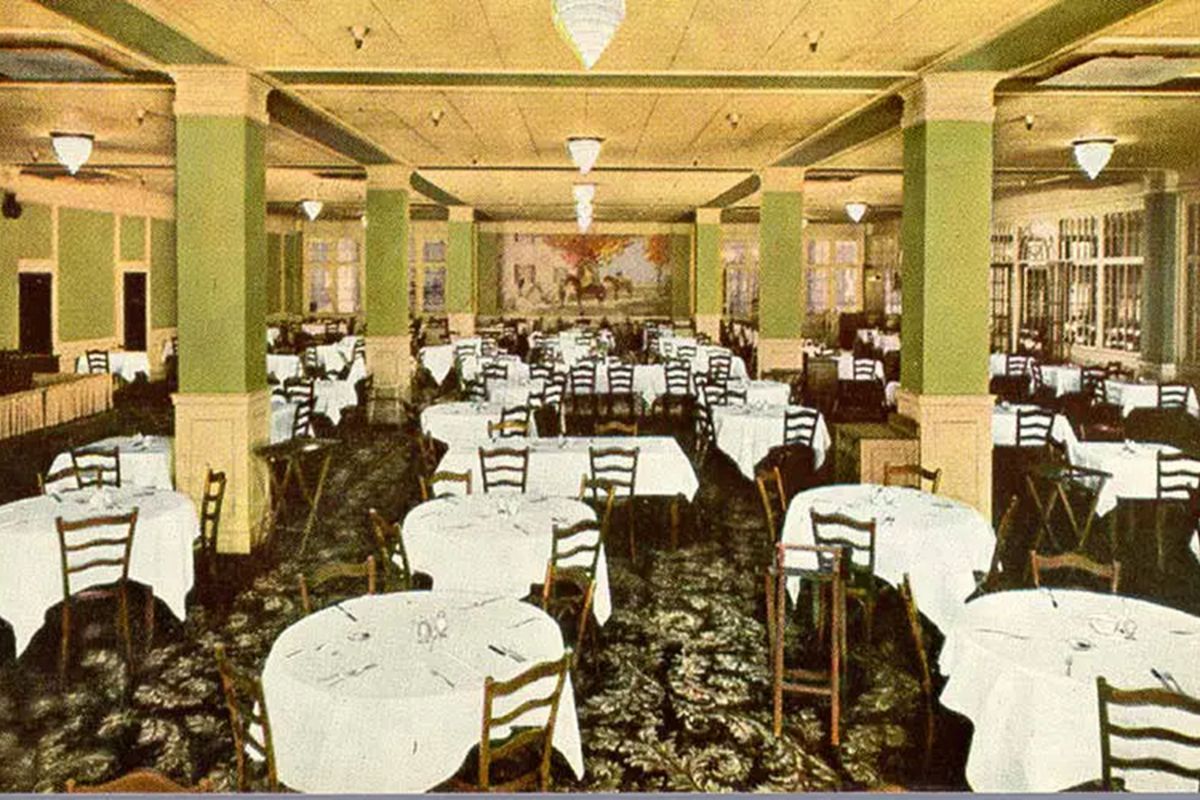 Historic image of the tea room at Hilton Richmond Downtown (1885), a member of Historic Hotels of America since 2024. Pictured is an ornate dining room with many tables and chairs.