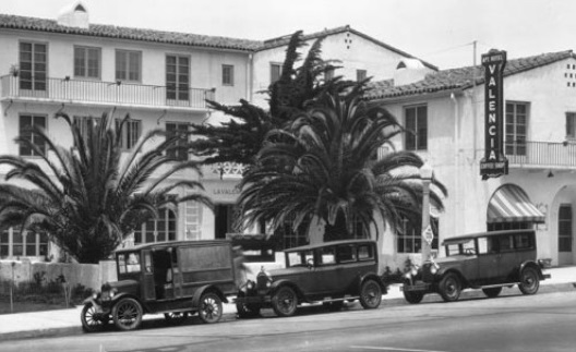 Historical Image of Exterior with Historic Automobiles, La Valencia Hotel, 1926, Member of Historic Hotels of America, in La Jolla, California.