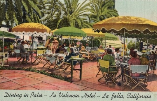 Historical Image of Postcard Featuring Patio at La Valencia Hotel, 1926, Member of Historic Hotels of America, in La Jolla, California.