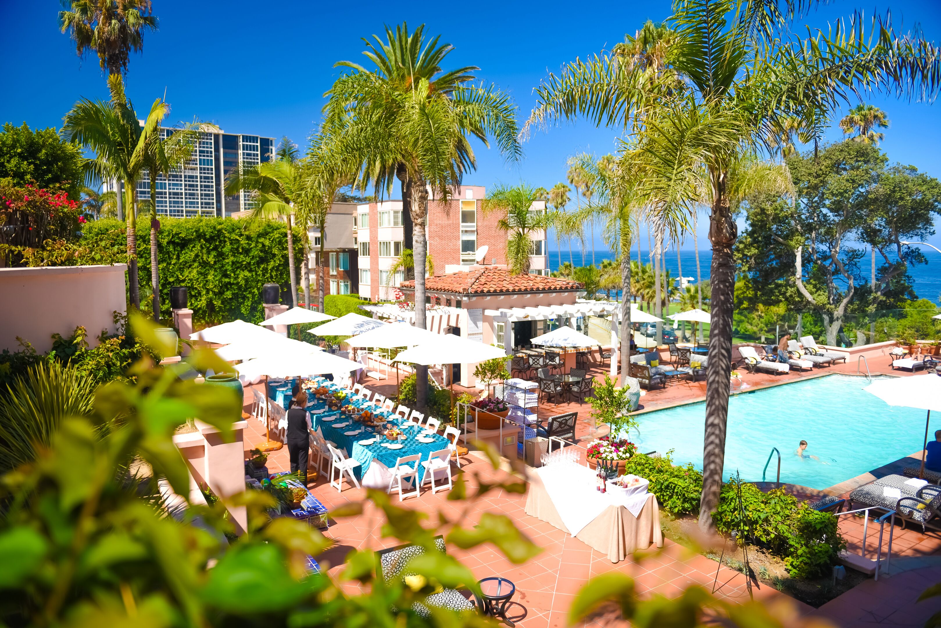 Image of Upper Deck with Reception Seating at La Valencia Hotel, 1926, Member of Historic Hotels of America, in La Jolla, California.