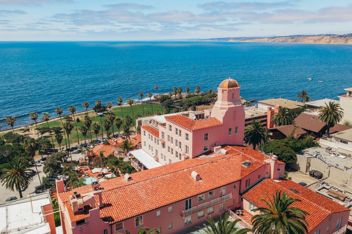 Image of Exterior Aerial View of La Valencia Hotel, 1926, Member of Historic Hotels of America, in La Jolla, California.