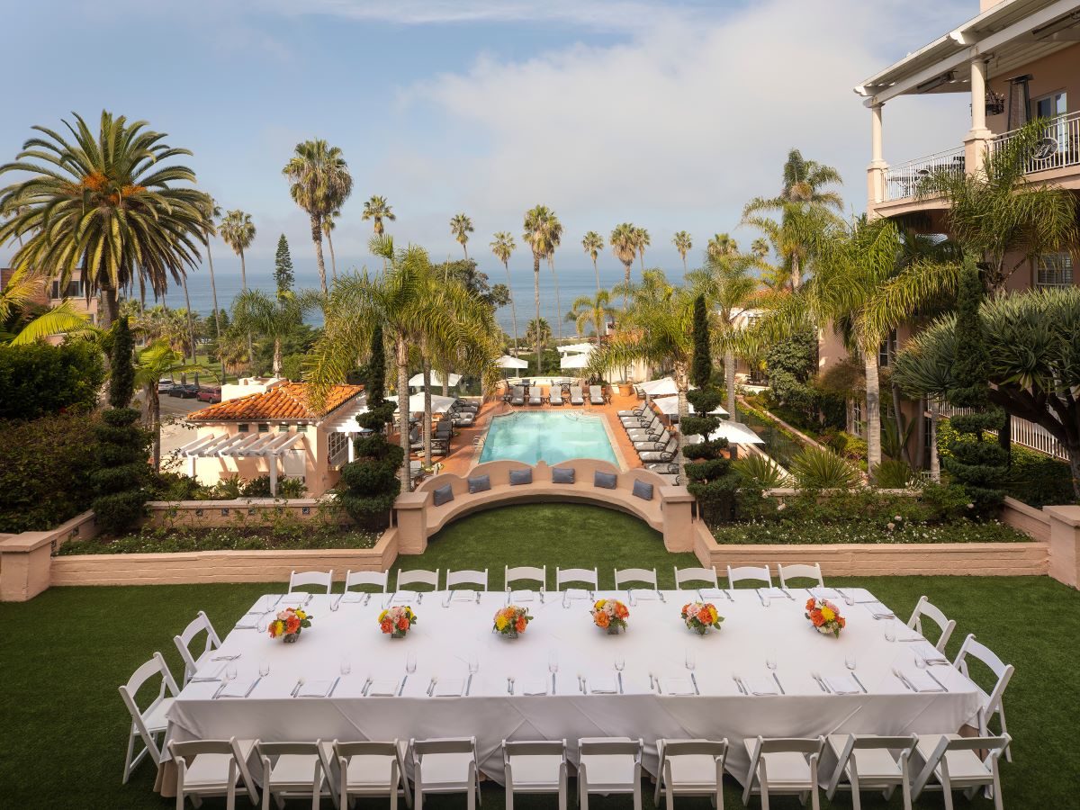 Image of Garden Wedding Ceremony at La Valencia Hotel, 1926, Member of Historic Hotels of America, in La Jolla, California.