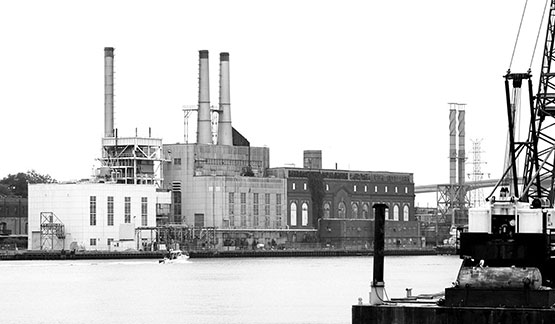 Historical image of the view from Hutchinson Island of the Riverside power plant in 1958. The power plant reached its final form with the completion of the last addition in 1956.
