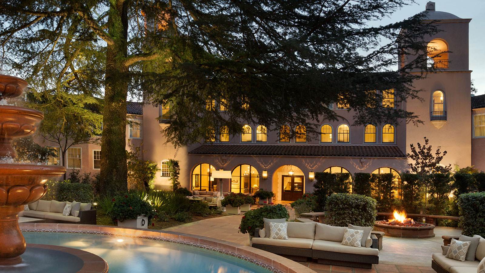 Image of hotel exterior at night Fairmont Sonoma Mission Inn & Spa, 1927, Member of Historic Hotels of America, in Sonoma, California, Overview