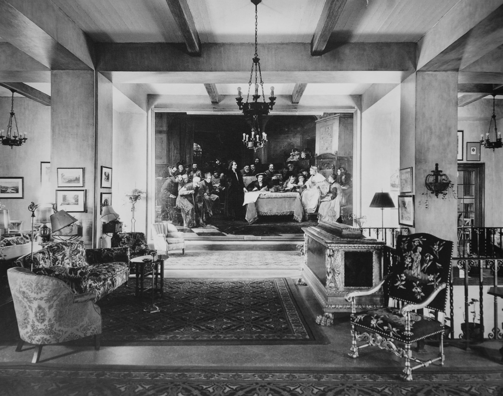 Historical image of the hotel lobby at Fairmont Le Manoir Richelieu, 1899, a member of Historic Hotels Worldwide since 2018, Charlevoix, Quebec, Canada