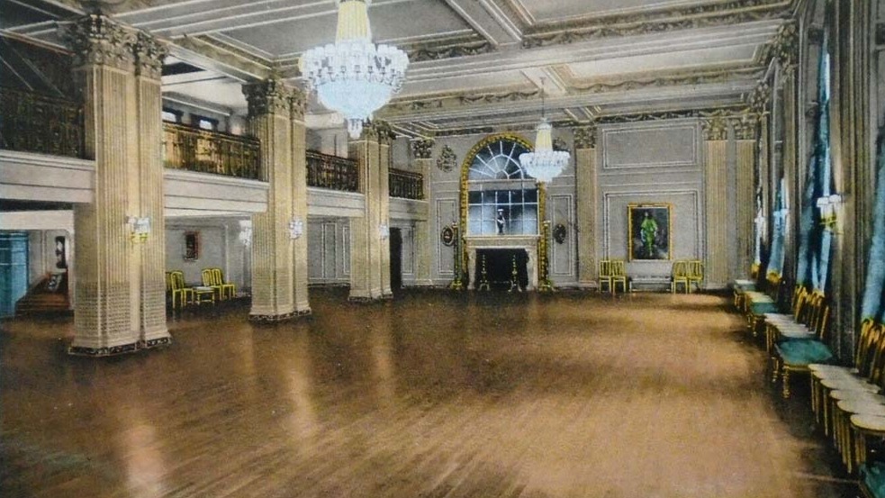 Image of the Grand Ballroom of the George Washington Hotel in Washington, Pennsylvania, from 1923 featuring the original artwork. George Washington Hotel in Washington, Pennsylvania, is a member of Historic Hotels of America since 2023.