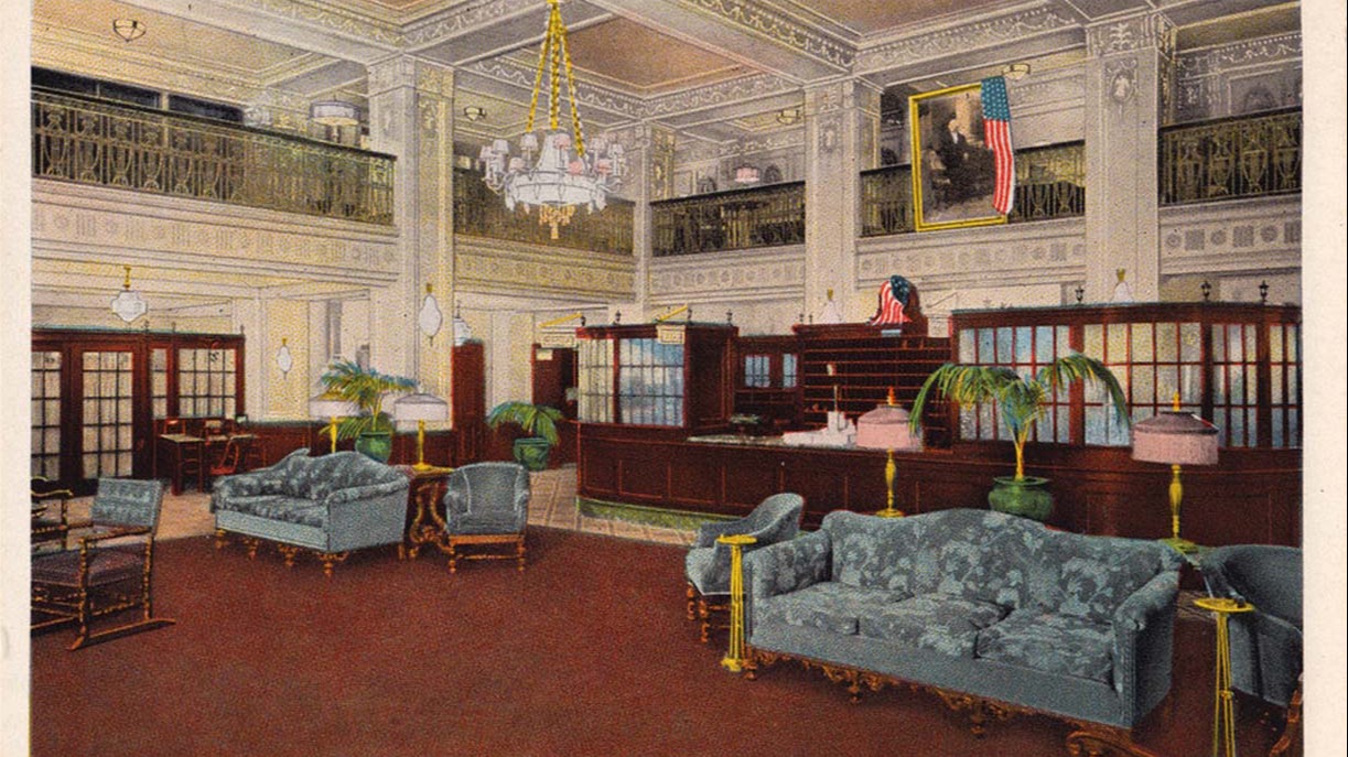 Image of the Main Lobby as seen on opening day in February 1923 of the George Washington Hotel in Washington, Pennsylvania, a member of Historic Hotels of America since 2023.